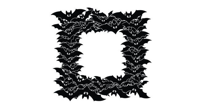 Halloween border frame composed of many spooky flying black bats with glowing eyes over a clean white background.