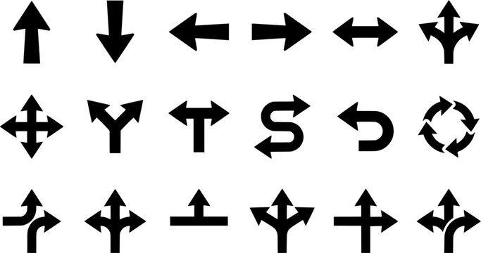Black Direction Arrow Silhouette Icon Set with Up, Down, Left, Right, Split, Turn, Circular and Multidirectional Navigation Symbols