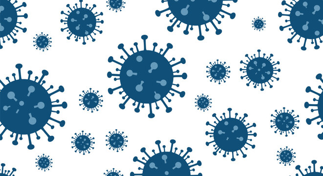 Seamless medical pattern of dark blue coronavirus cells on white background representing healthcare and pandemic theme.