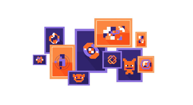 Abstract Pixel Art Character Collection and Geometric Shapes in Retro 8-Bit Gaming Style