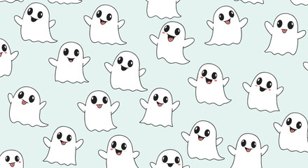 Obraz premium Funny cartoon white ghosts seamless pattern on light mint background for kids halloween textile design.