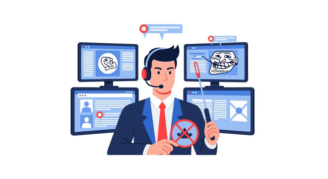 Professional Content Moderator Monitoring Social Media for Online Trolls and Cyber Harassment, Flat Vector Illustration