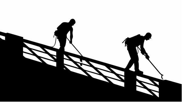 Silhouettes of two maintenance workers cleaning a metal railing on a bright white background representing industrial labor with railing against stark