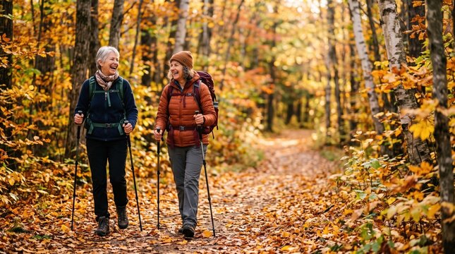 Two senior women hike on a leaf-covered forest trail in autumn, wearing backpacks and using trekking poles, smiling and chatting among colorful trees