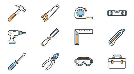 Obraz premium Creative Colorful Line Drawing Set of Essential Hand Tools and Safety Gear for DIY Projects with high quality professional line art symbols for modern creative design and digital branding projects