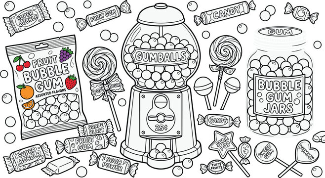 Retro Gumball Machine Vector Illustration with Bubble Gum Jar Lollipop and Sweet Candy Wrapper Line Art Elements for Kids Coloring Book Designs