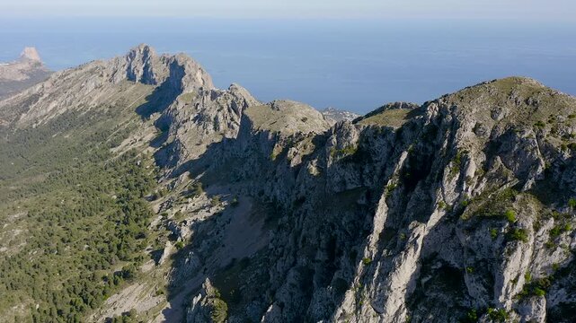 Aerial view of the summits of Sierra de Bernia, that extends approximately 11 km from west to east, perpendicular to the Mediterranean coast, Spain. 