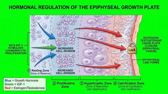 Detailed Cross-Section Microscopic View of Hormonal Regulation in Epiphyseal Growth Plate