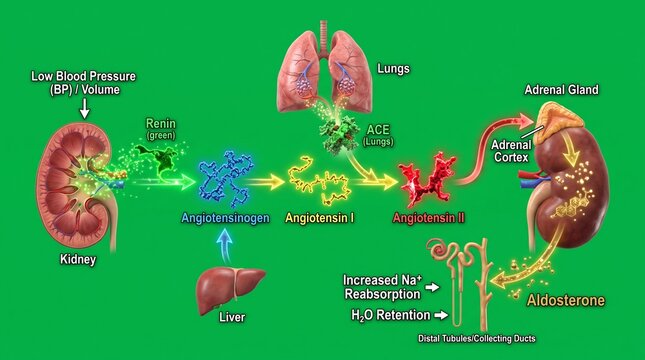 Detailed Medical Flowchart of Renin-Angiotensin System in Bright Scientific Illustration