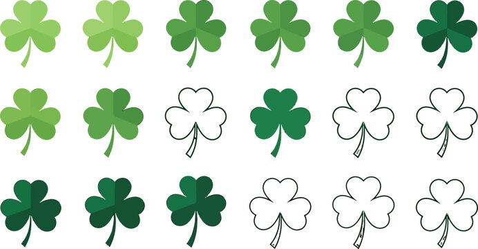 Collection of green shamrock and clover leaf icons in flat and outline styles for seasonal design