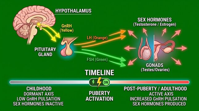 Educational Infographic Showing the HPG Axis Puberty Activation Process