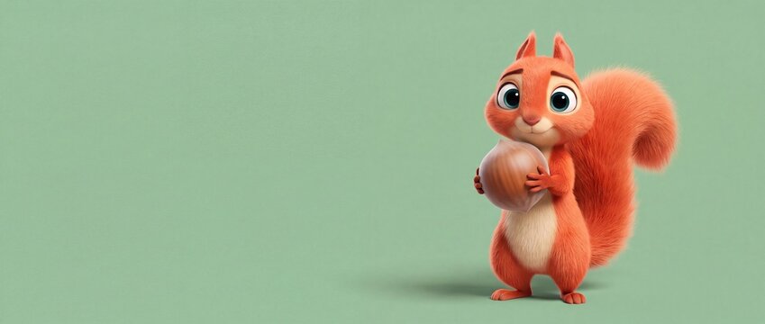Cute red squirrel character holding hazelnut nut on green background copy space for autumn woodland animal mascot design, adorable 3D render forest wildlife illustration with furry tail and big eyes