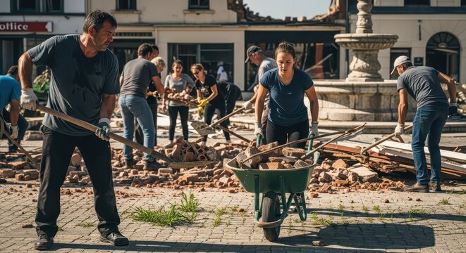 Group of local residents and volunteers engaged in rebuilding efforts after destruction