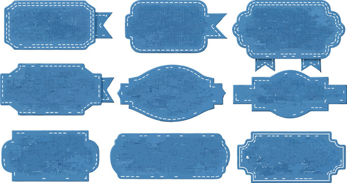 Set of blue denim fabric labels with stitched borders for clothing tags and decorative badge designs