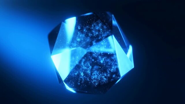 Translucent multifaceted crystal gently glowing with shifting internal light, cyan facet highlights, suspended against deep blue gradient with subtle particle scatter and elegant studio atmosphere