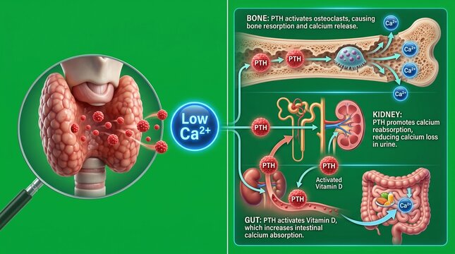 Parathyroid gland releasing PTH hormone regulating calcium levels in body