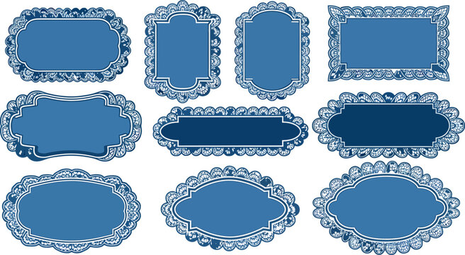 Set of decorative blue lace frames with ornate borders for wedding invitations and vintage stationery design elements