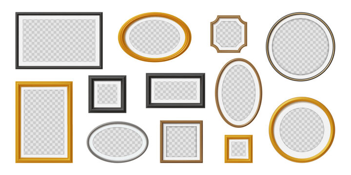 Photo frame. 3d gold or silver mirror for gallery wall, old golden antique border. Black and white baroque art. Rectangular, oval and round borders in classic style, interior decor vector set