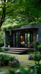Obraz premium Backyard studio creating a peaceful home workspace or guest house, featuring contemporary modular architecture enhancing a lush garden with steps and green pathways
