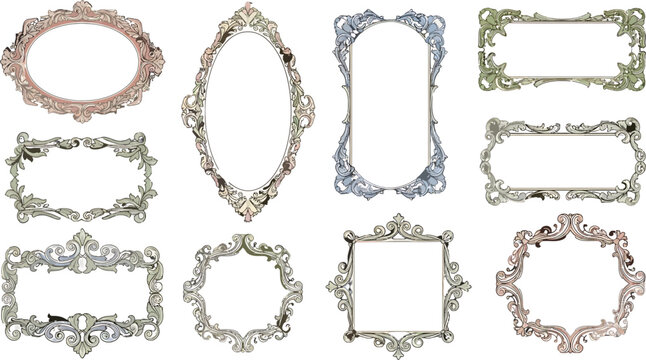 Set of ornate vintage decorative frames with intricate floral scrollwork and baroque style borders for elegant design