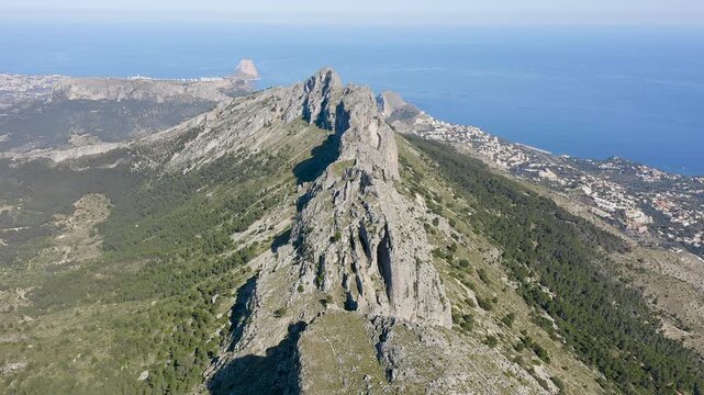 Aerial view of the summits of Sierra de Bernia, that extends approximately 11 km from west to east, perpendicular to the Mediterranean coast, Spain. 