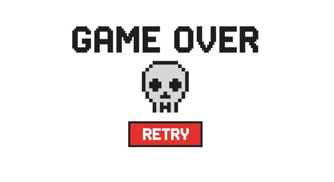 Retro 8-Bit Game Over Screen with Pixel Art Skull and Retry Button