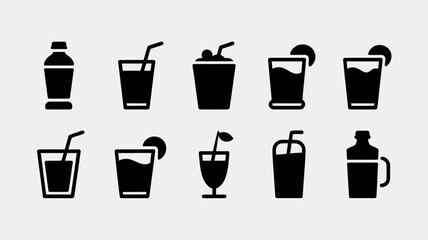 Obraz premium Cold beverage drinks and liquid bottles icons set, fresh cocktail juice glass with drinking straw, refreshment product mockup collection