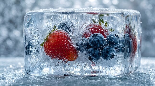 Frozen berries and strawberries in ice block on surface