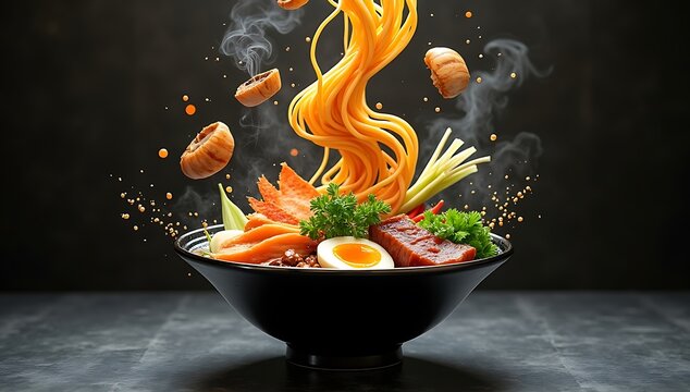 Delicious asian ramen noodle soup with fresh ingredients and steam rising, dramatic lighting