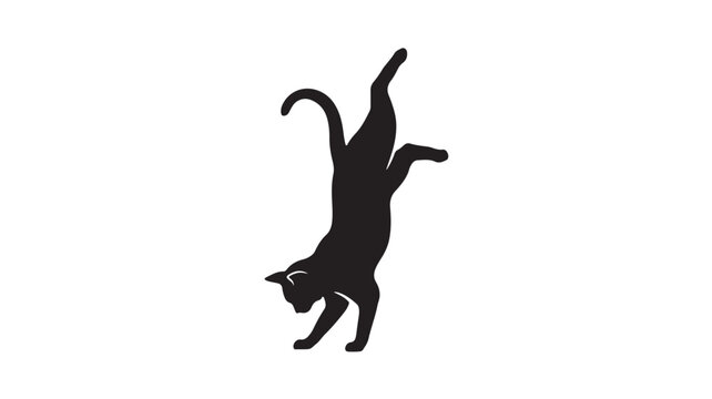 Black and White Vector Illustration of a Cat Silhouette with Raised Arms, Playful Line Art Icon Isolated on White