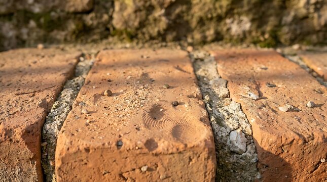 A close-up view of a rugged brike wal featuring weathered red clay bricks with a unique circular thumbprint impression embedded in the textured surface.