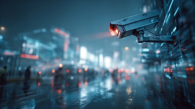 High-tech security camera monitoring a futuristic city street at night, with blurred people and neon lights reflecting on wet pavement, emphasizing urban surveillance and safety
