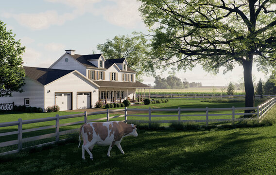 Modern American Farmhouse with Dual Garage and Grazing Cow