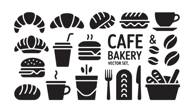 Cafe and bakery vector icon set with bread coffee burgers and snacks for food branding.