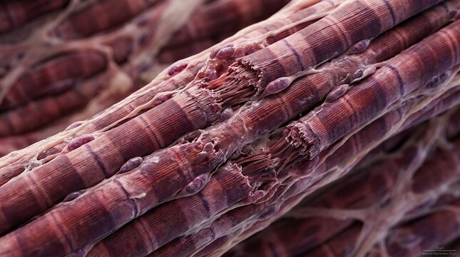 Highly magnified muscle fibers with visible striations and cellular structure