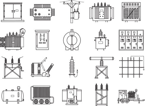 Collection of industrial electrical equipment drawings, featuring various transformers, switchgear, and power distribution components, presented in a clean, schematic outline style.