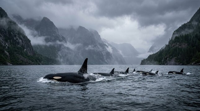 Majestic pod of orcas swimming in fjord