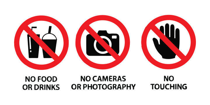Prohibition signs no food drinks no cameras photography no touching hand icons vector set.