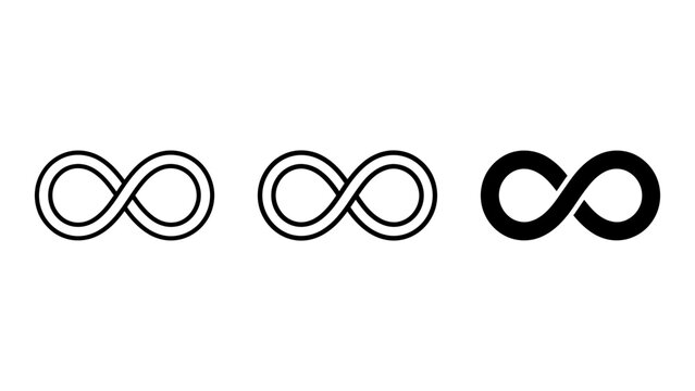 Set of infinity symbol icons in various line weights and solid fill styles with infinity eternity mathematics