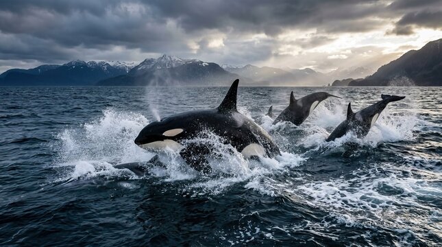 Three orcas swimming together in ocean waters