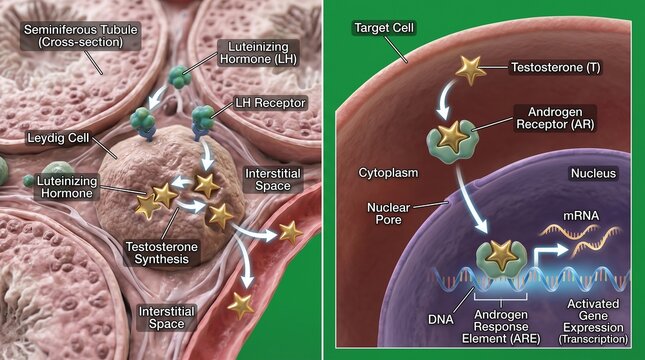 Scientific illustration of testis cells synthesizing testosterone hormone process
