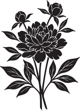 Peony floral arrangement black silhouette on a white background