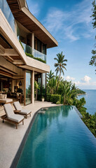 Fototapeta premium Infinity pool of luxury beach villa with palm trees and ocean horizon infinity tropical vacation landscape paradise architecture relaxation sunshine furniture peaceful destination