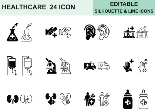 Healthcare medical icons set silhouette style black and white Editable
