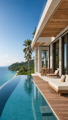 Fototapeta premium Luxury infinity pool overlooking tropical ocean and lush coastline at sunset with infinity tropical vacation landscape paradise architecture relaxation sunshine furniture peaceful