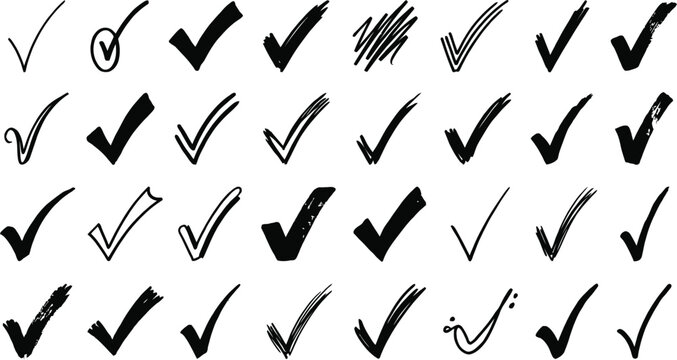 Large set of various hand-drawn check mark symbols for checklist and approval design with checkmark approval selection checklist collection background