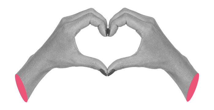 Conceptual art collage with human hands forming a heart shape on black background. Concept of love, compassion, emotional connection and self care