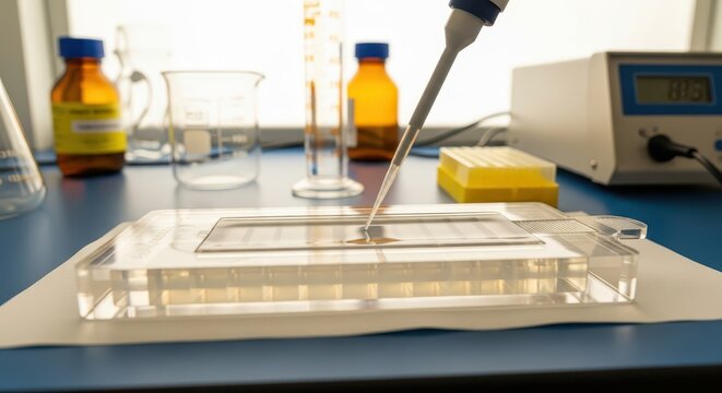 Laboratory pipette dispensing liquid into agarose gel tray wells for scientific research