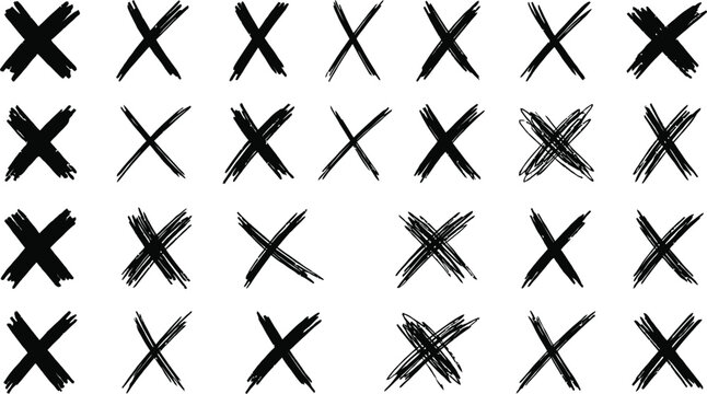 Set of rough hand-drawn letter x cross marks isolated on white background with rejected collection isolated negative decision abstract