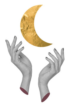 Surreal art collage with human hands reaching toward golden crescent moon on transparent background. Mystery, intuition, spirituality, dreams and feminine energy
